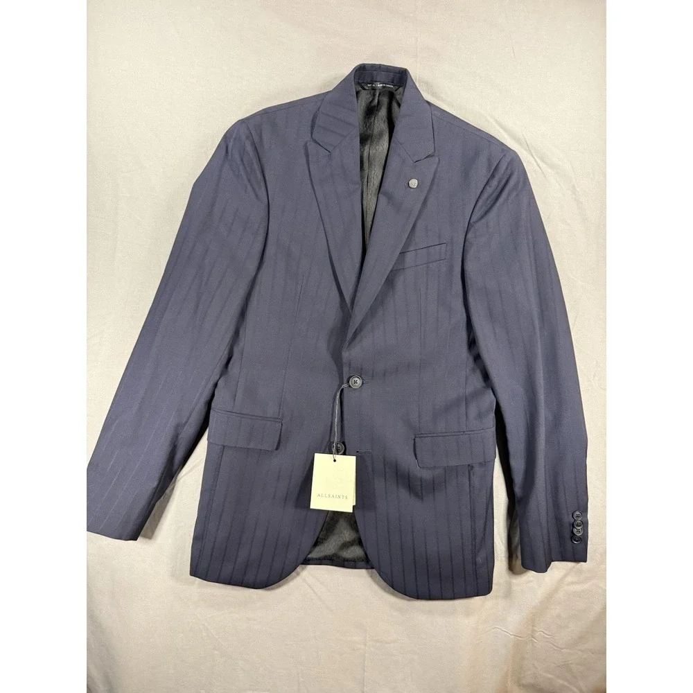 All Saints 36R Rawdon Slim Fit Pinstripes Super 100s Wool Peak Lapel Sports Coat